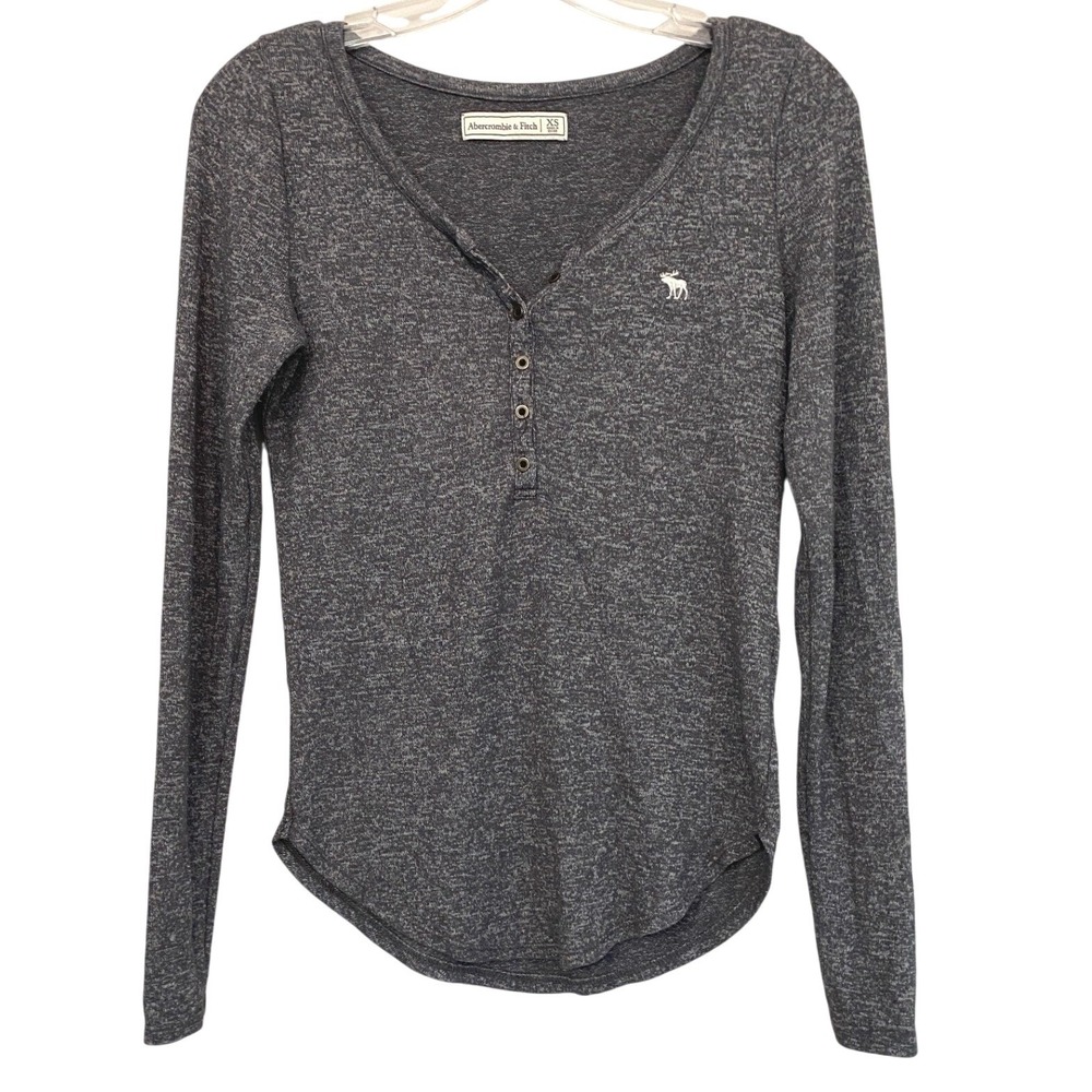 Abercrombie & Fitch Y2K Charcoal Grey Marled Long Sleeve Henley Top Logo XS
